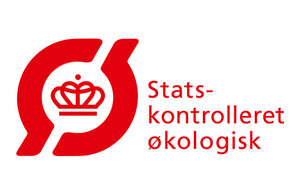 Rotes Logo mit Krone und dem Text "Statskontrolleret økologisk" auf weißem Hintergrund.